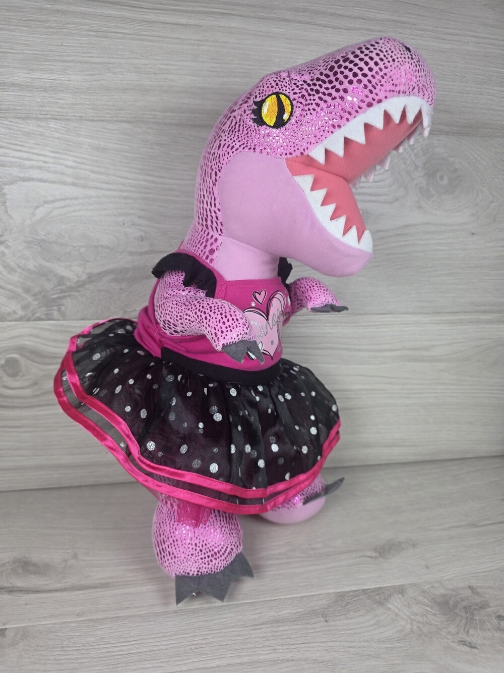 Build-A-Bear Workshop Plush T-rex Dinosaur in Pink Sequin Dress Black SU65
